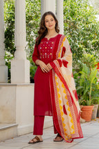 Maroon Cotton Kurta Pant Set with Printed Dupatta