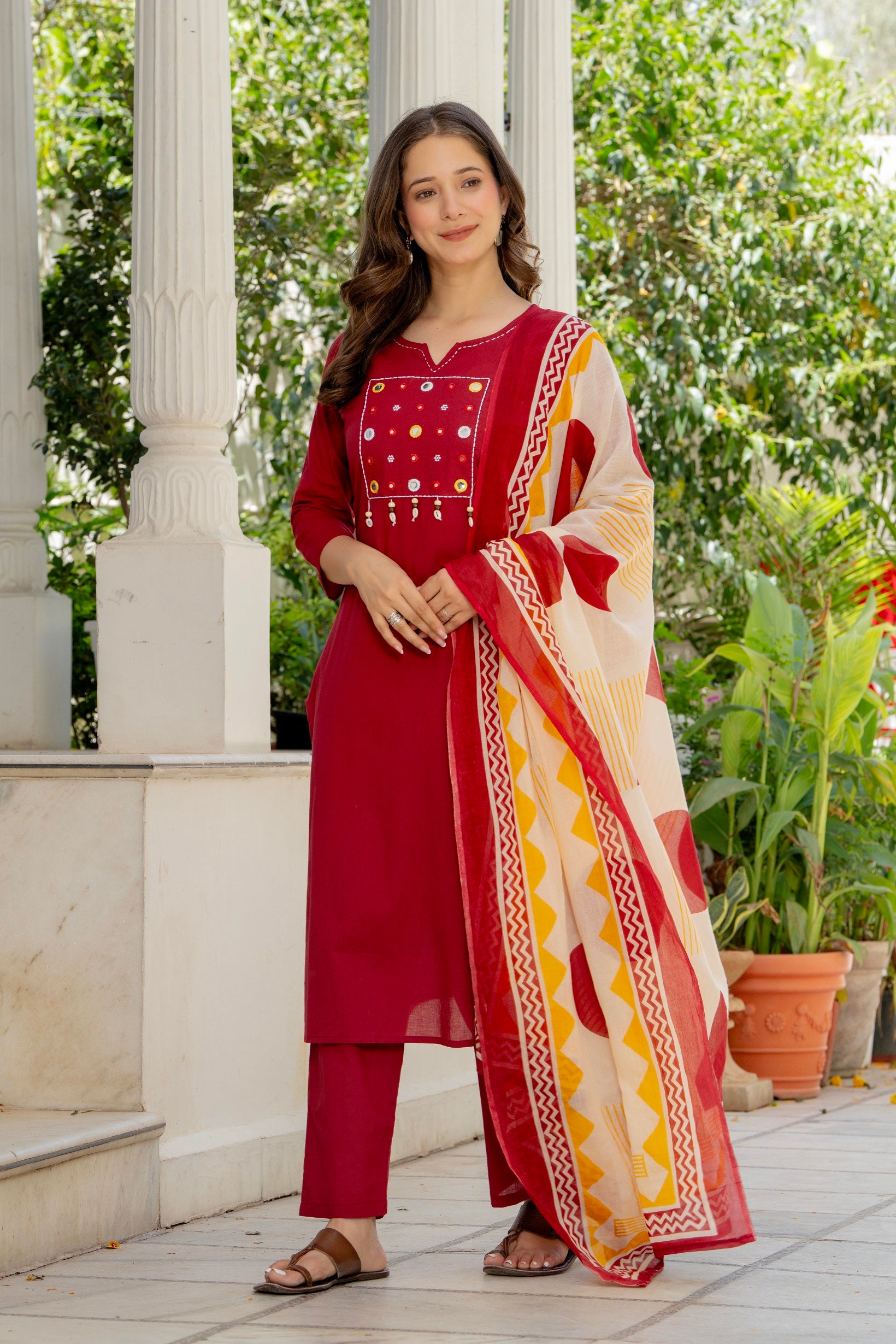 Maroon Cotton Kurta Pant Set with Printed Dupatta