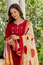Maroon Cotton Kurta Pant Set with Printed Dupatta