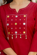 Maroon Cotton Kurta Pant Set with Printed Dupatta