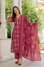 Wine Berry Handblock Printed Kurta Set with Dupatta