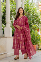 Wine Berry Handblock Printed Kurta Set with Dupatta