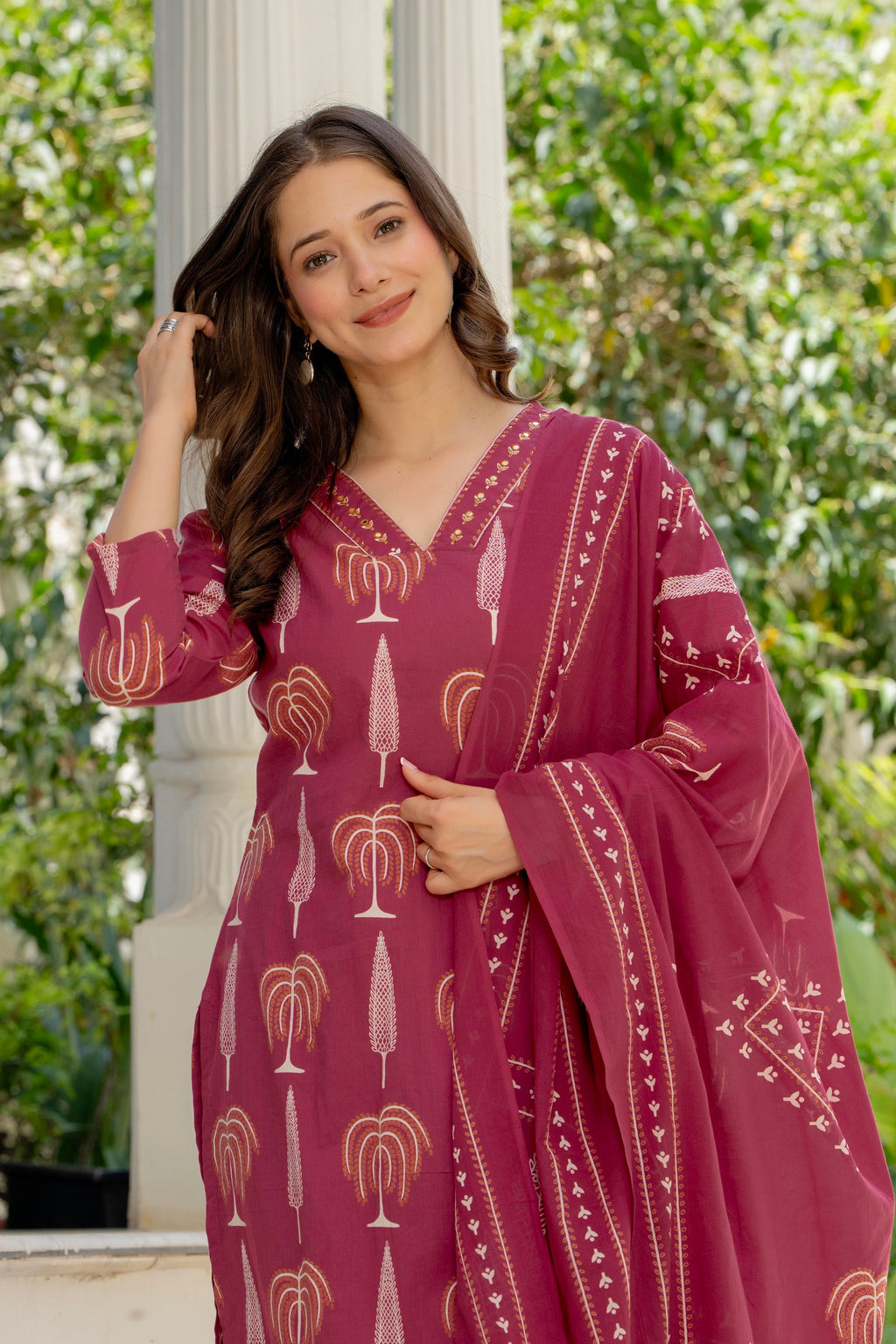 Wine Berry Handblock Printed Kurta Set with Dupatta