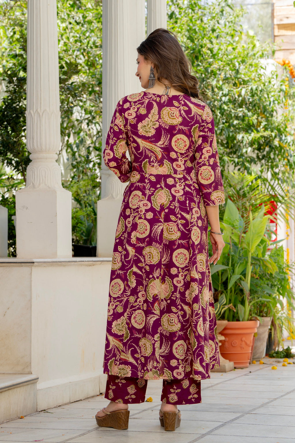 Magenta Floral Anarkali Kurta Pant Dupatta Set