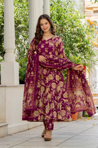 Magenta Floral Anarkali Kurta Pant Dupatta Set