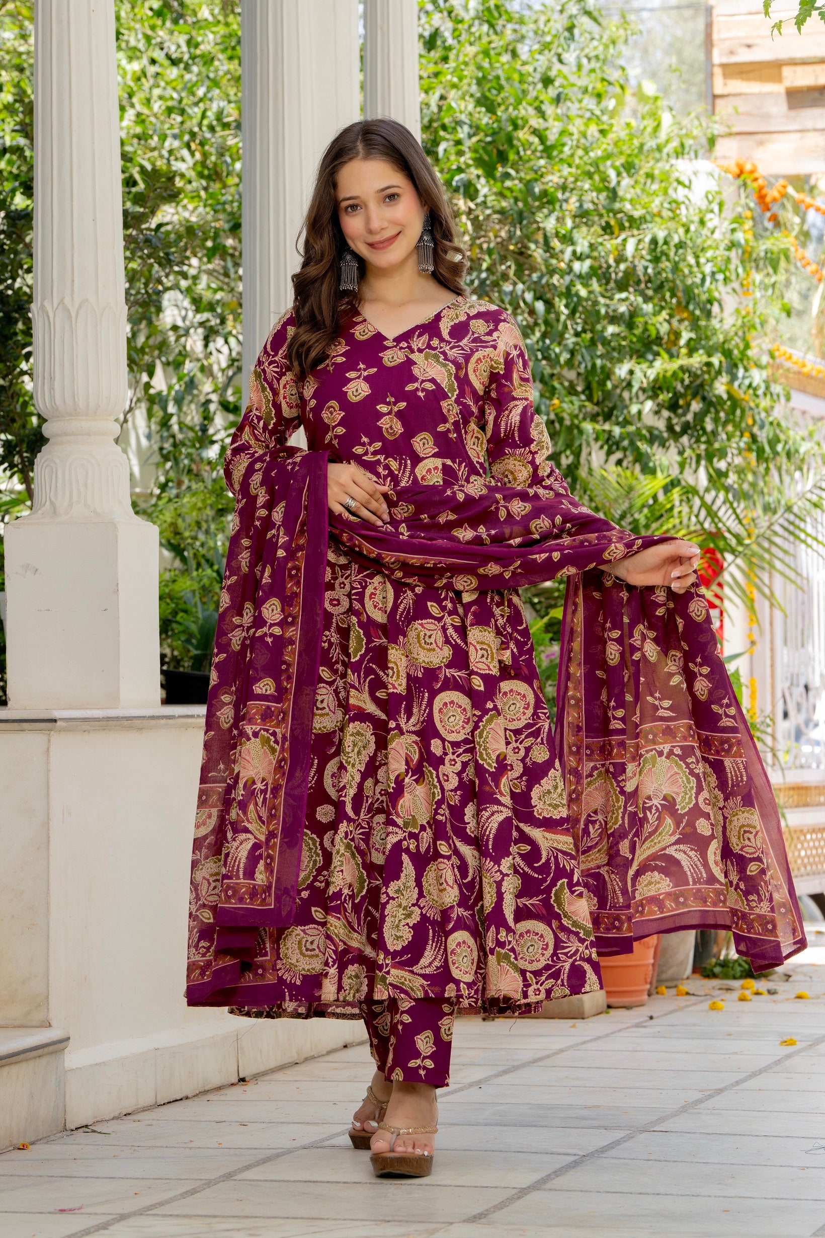 Magenta Floral Anarkali Kurta Pant Dupatta Set