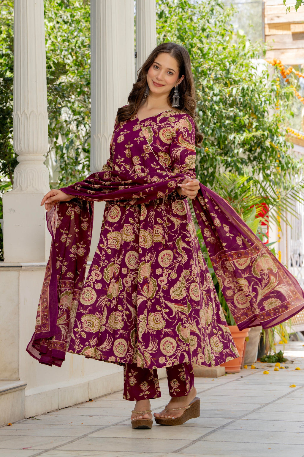 Magenta Floral Anarkali Kurta Pant Dupatta Set
