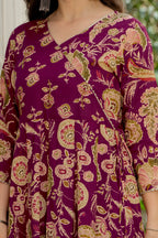 Magenta Floral Anarkali Kurta Pant Dupatta Set