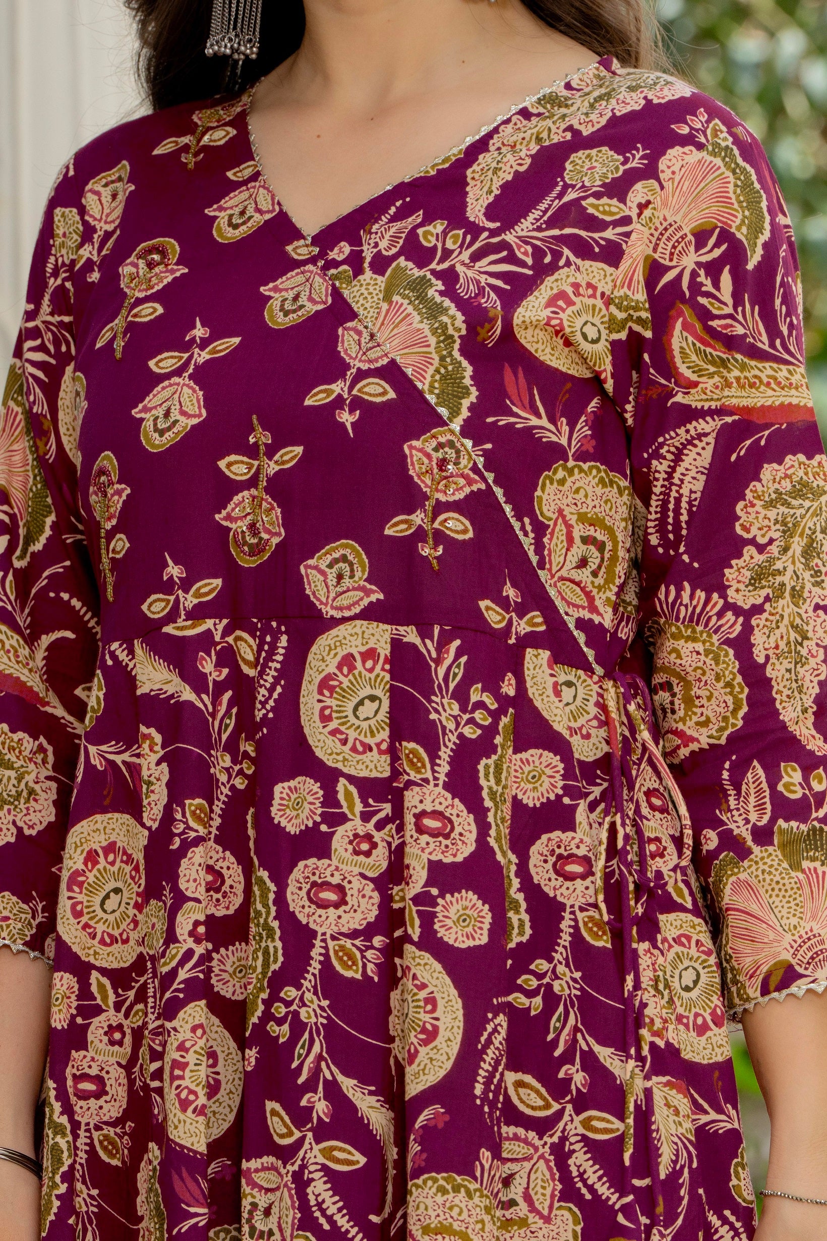 Magenta Floral Anarkali Kurta Pant Dupatta Set