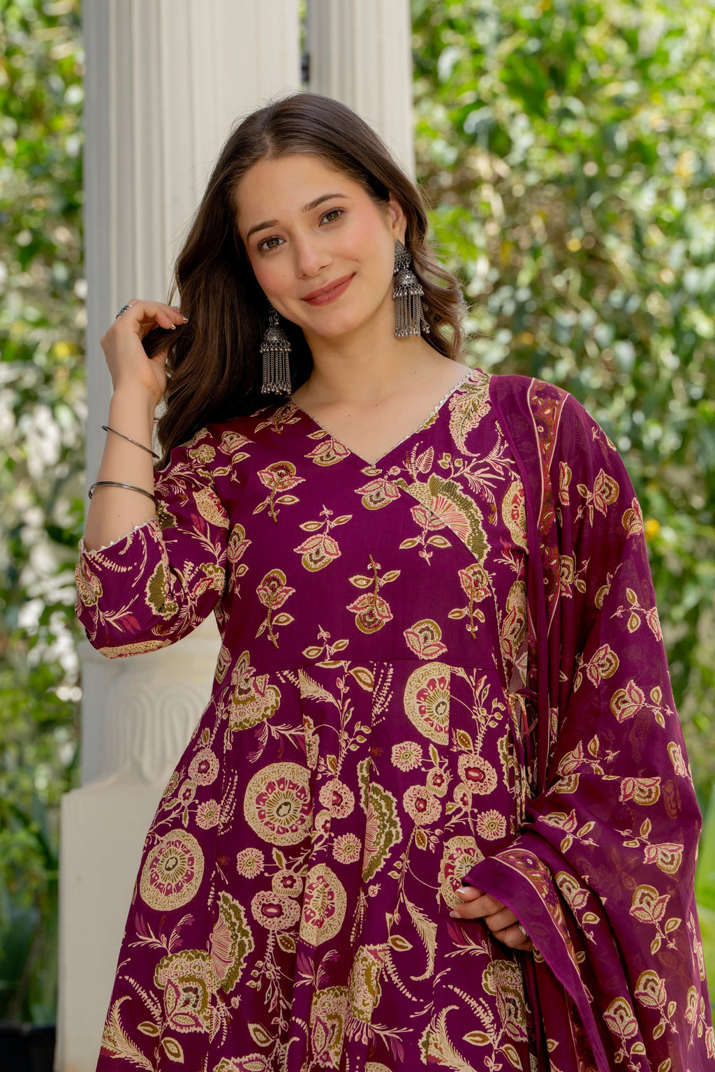 Magenta Floral Anarkali Kurta Pant Dupatta Set