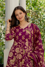 Magenta Floral Anarkali Kurta Pant Dupatta Set