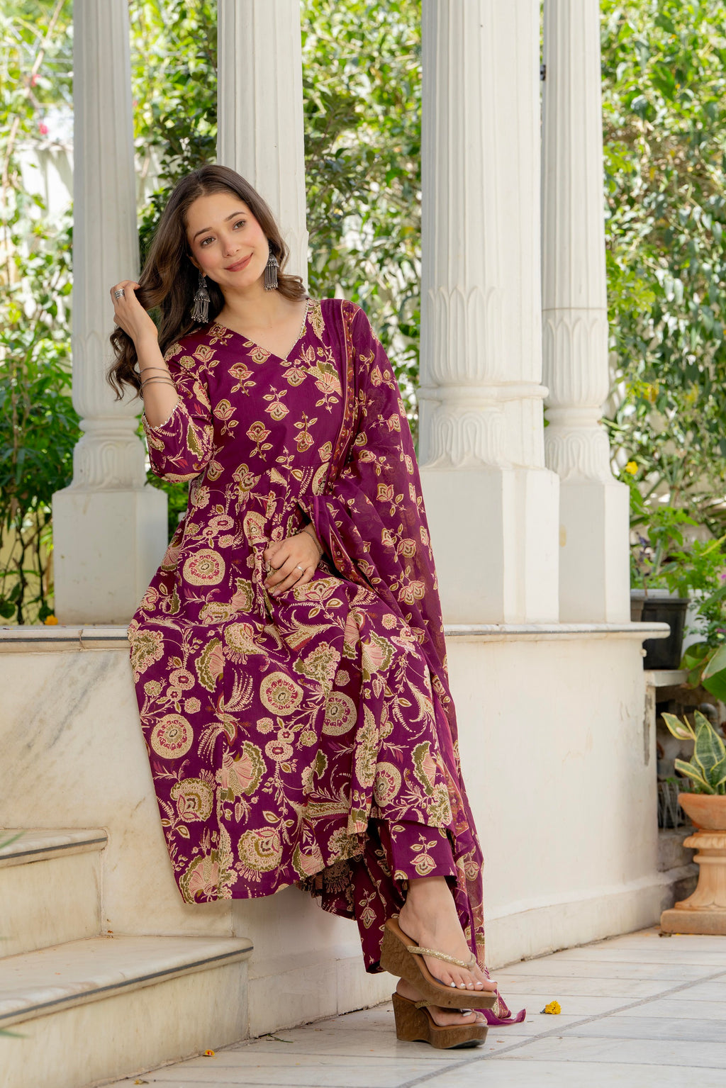 Magenta Floral Anarkali Kurta Pant Dupatta Set