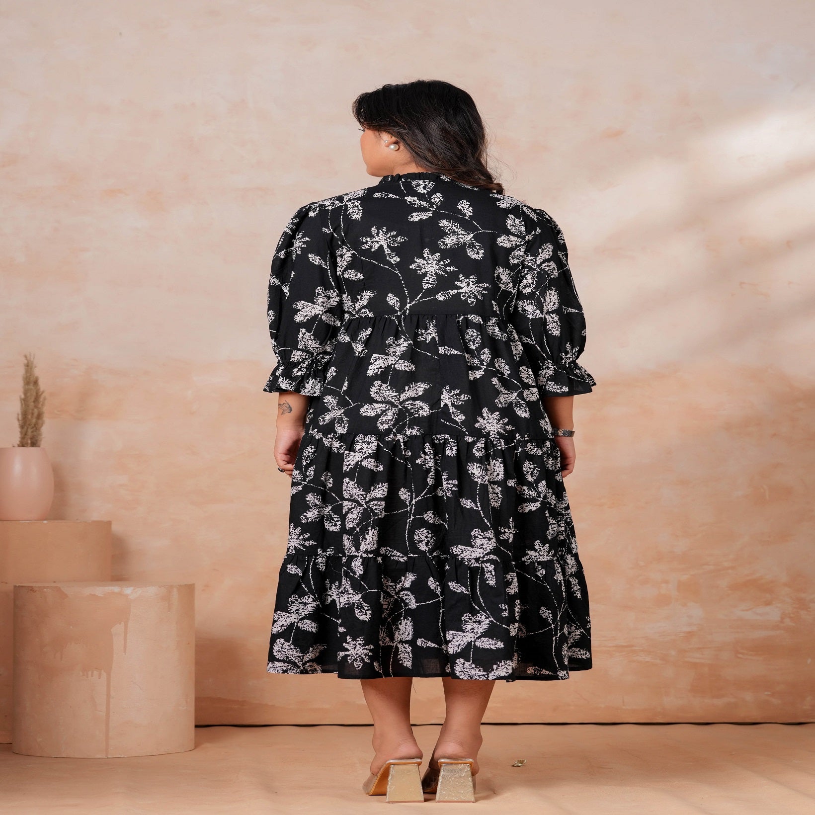 Black Printed Cotton Flared Midi Dress for Women