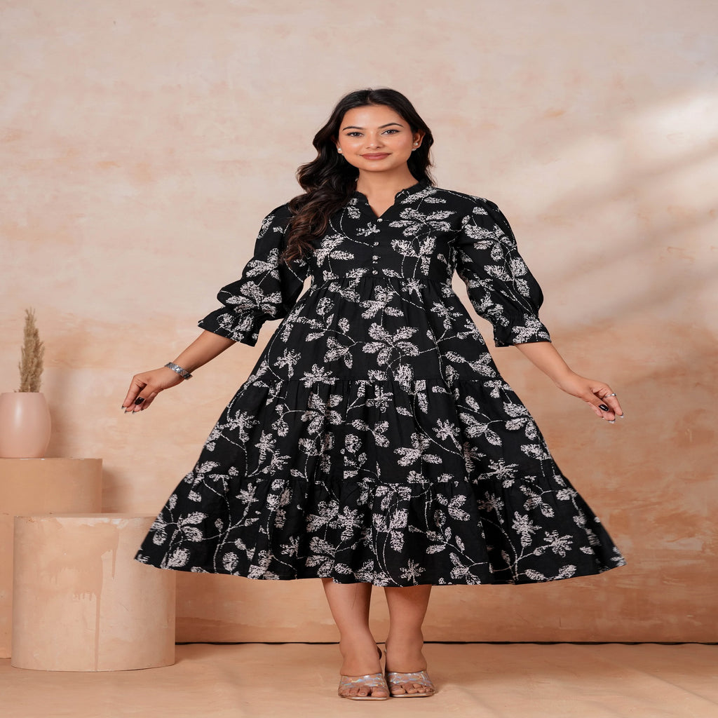 Black Printed Cotton Flared Midi Dress for Women