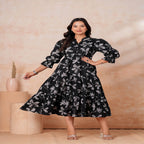 Black Printed Cotton Flared Midi Dress for Women