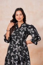 Black Printed Cotton Flared Midi Dress for Women