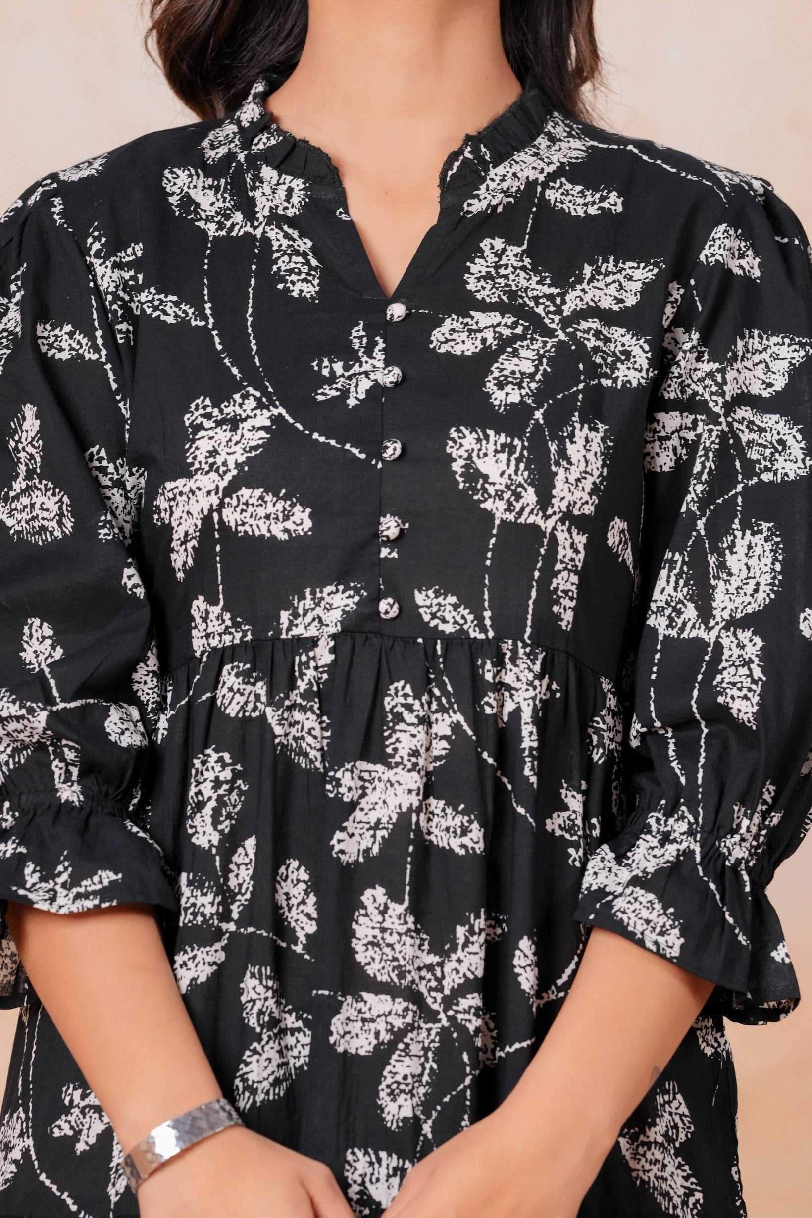 Black Printed Cotton Flared Midi Dress for Women