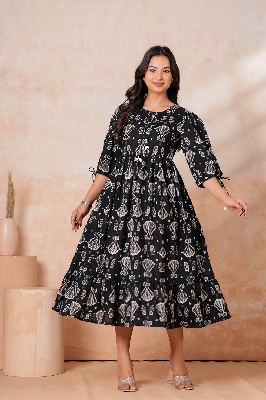 Black Printed Cotton Flared Midi Dress for Women