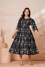Black Printed Cotton Flared Midi Dress for Women