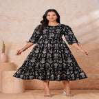 Black Printed Cotton Flared Midi Dress for Women