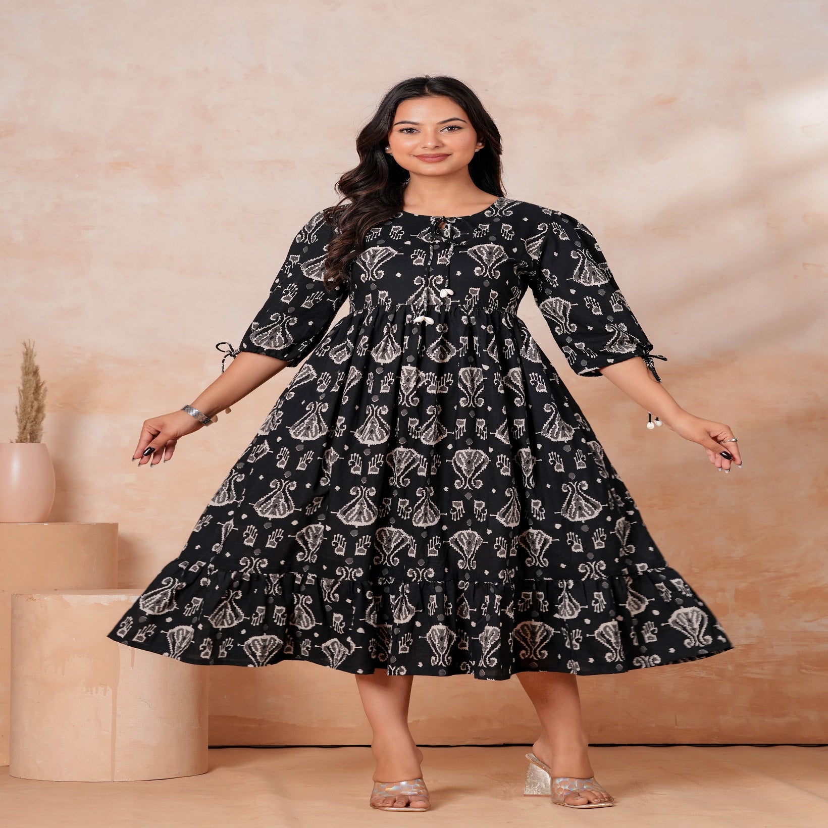 Black Printed Cotton Flared Midi Dress for Women