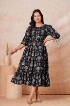 Black Printed Cotton Flared Midi Dress for Women