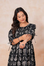 Black Printed Cotton Flared Midi Dress for Women