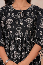 Black Printed Cotton Flared Midi Dress for Women