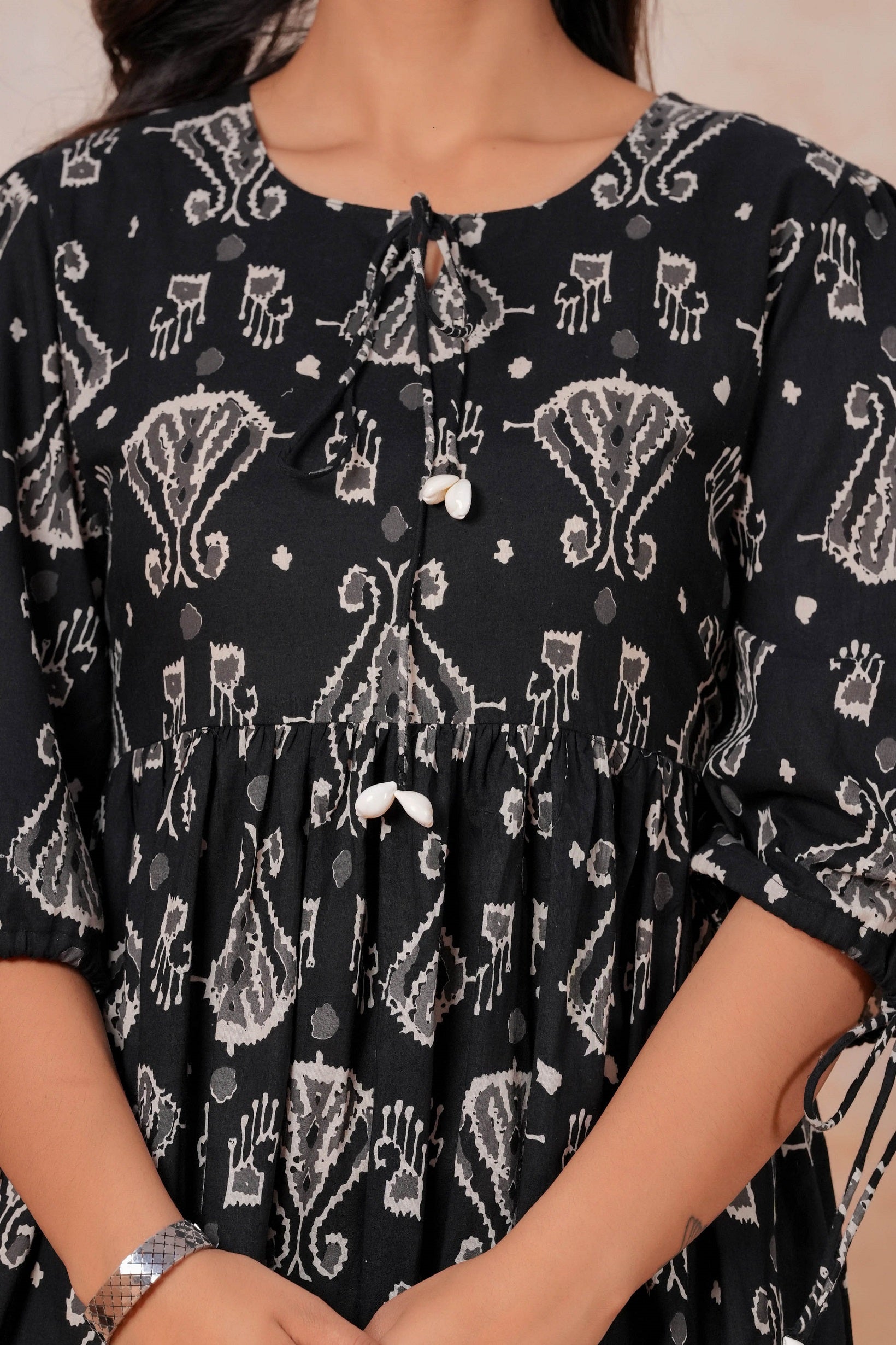 Black Printed Cotton Flared Midi Dress for Women
