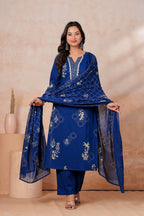 Royal Blue Printed Kurta Pant Set with Dupatta