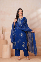 Royal Blue Printed Kurta Pant Set with Dupatta