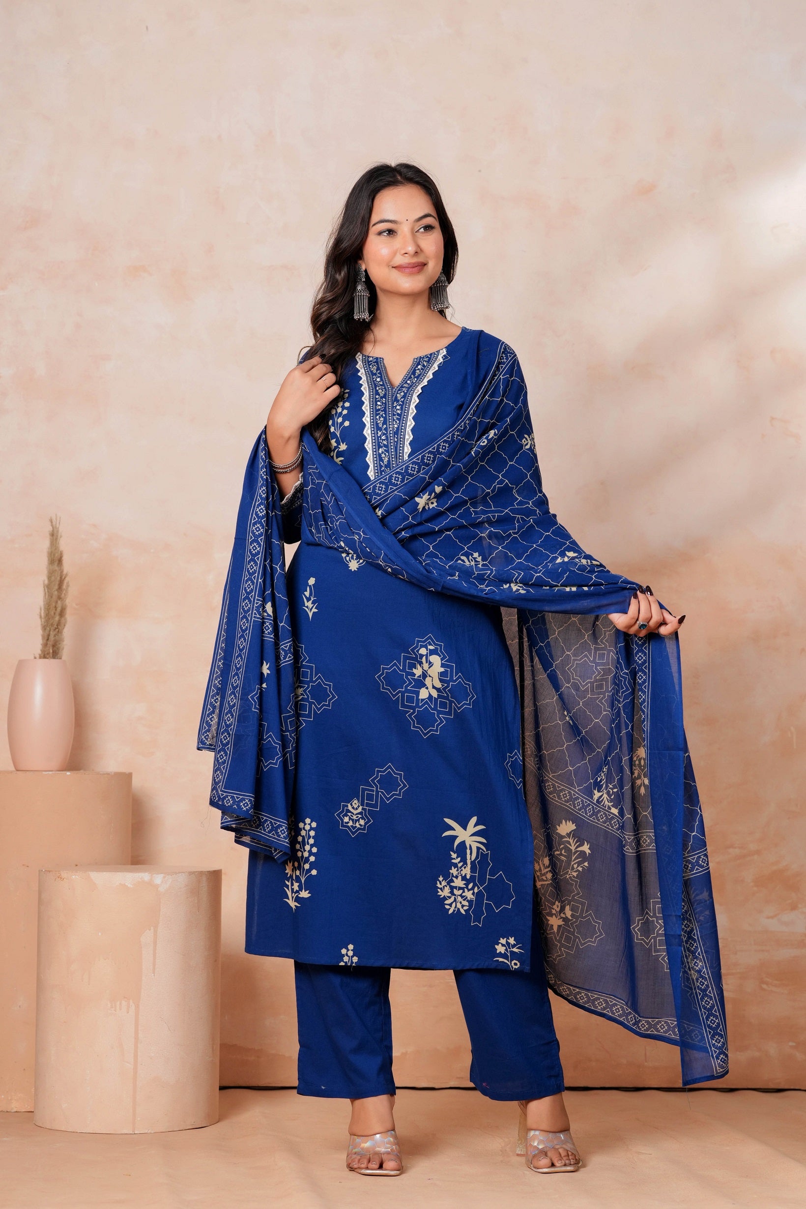 Royal Blue Printed Kurta Pant Set with Dupatta