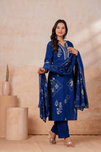 Royal Blue Printed Kurta Pant Set with Dupatta