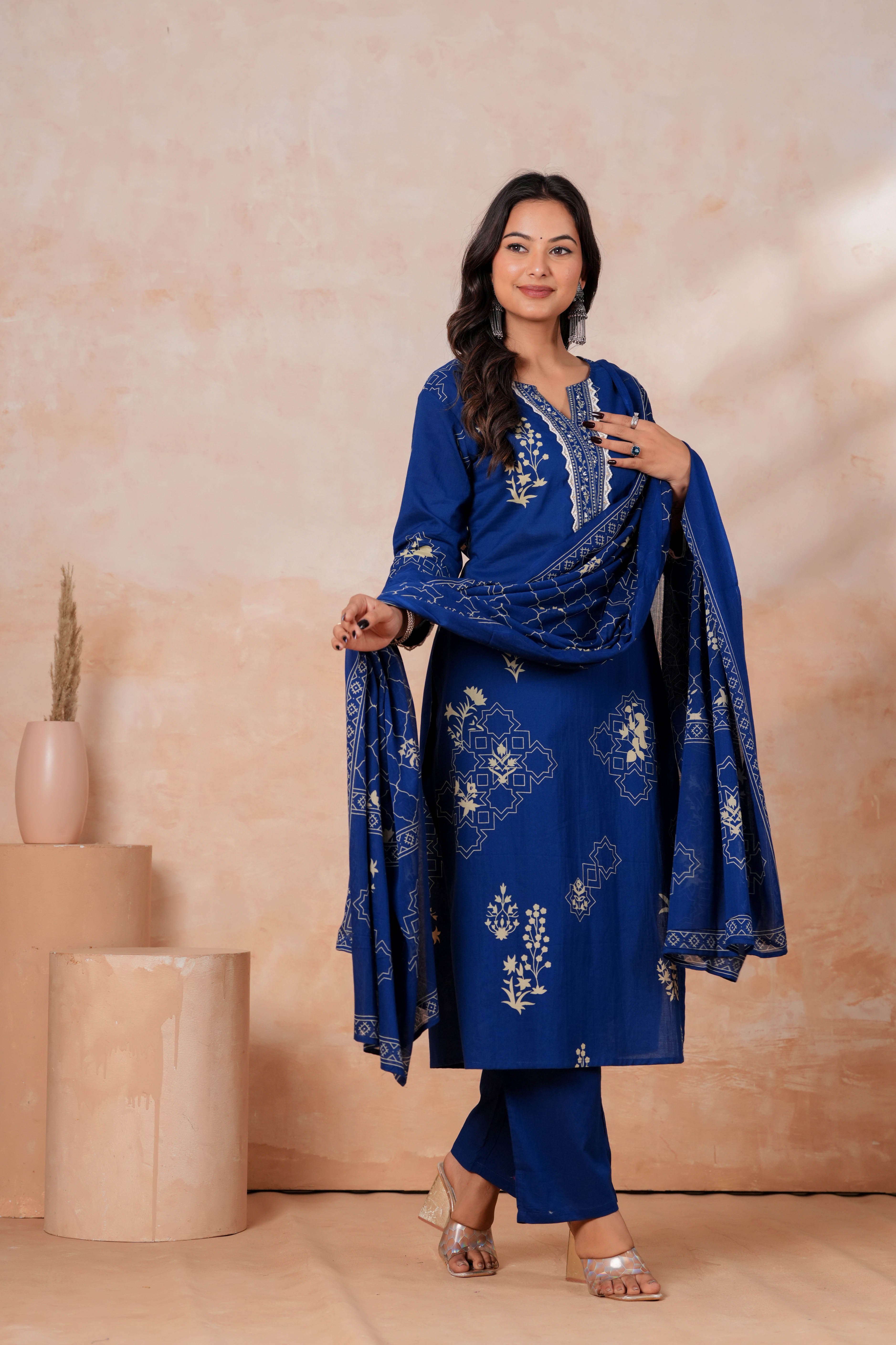 Royal Blue Printed Kurta Pant Set with Dupatta