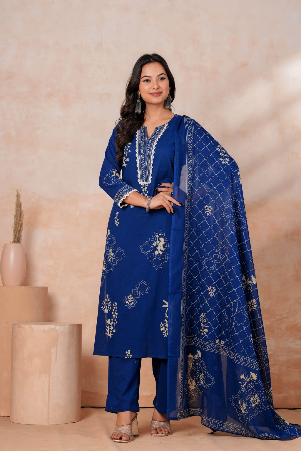Royal Blue Printed Kurta Pant Set with Dupatta