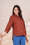 Maroon Printed Cotton Casual Shirt | Full Sleeve Collared Button-Down Top