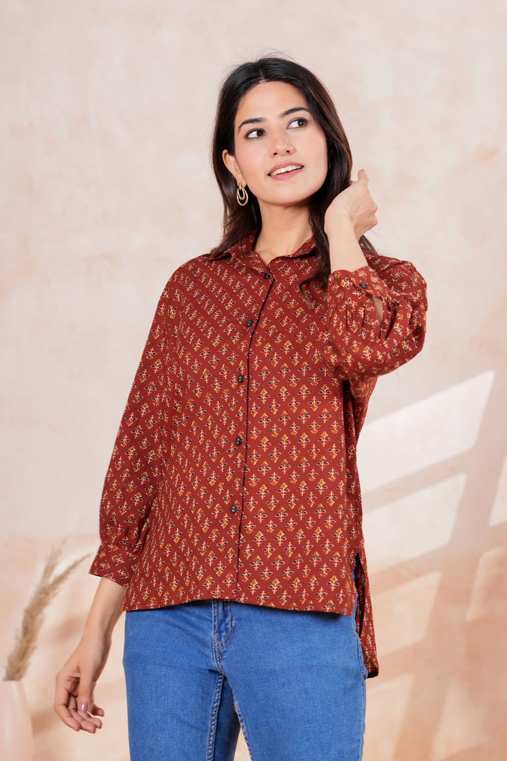 Maroon Printed Cotton Casual Shirt | Full Sleeve Collared Button-Down Top