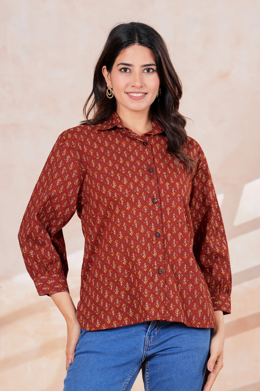 Maroon Printed Cotton Casual Shirt | Full Sleeve Collared Button-Down Top