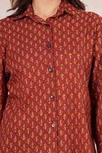 Maroon Printed Cotton Casual Shirt | Full Sleeve Collared Button-Down Top