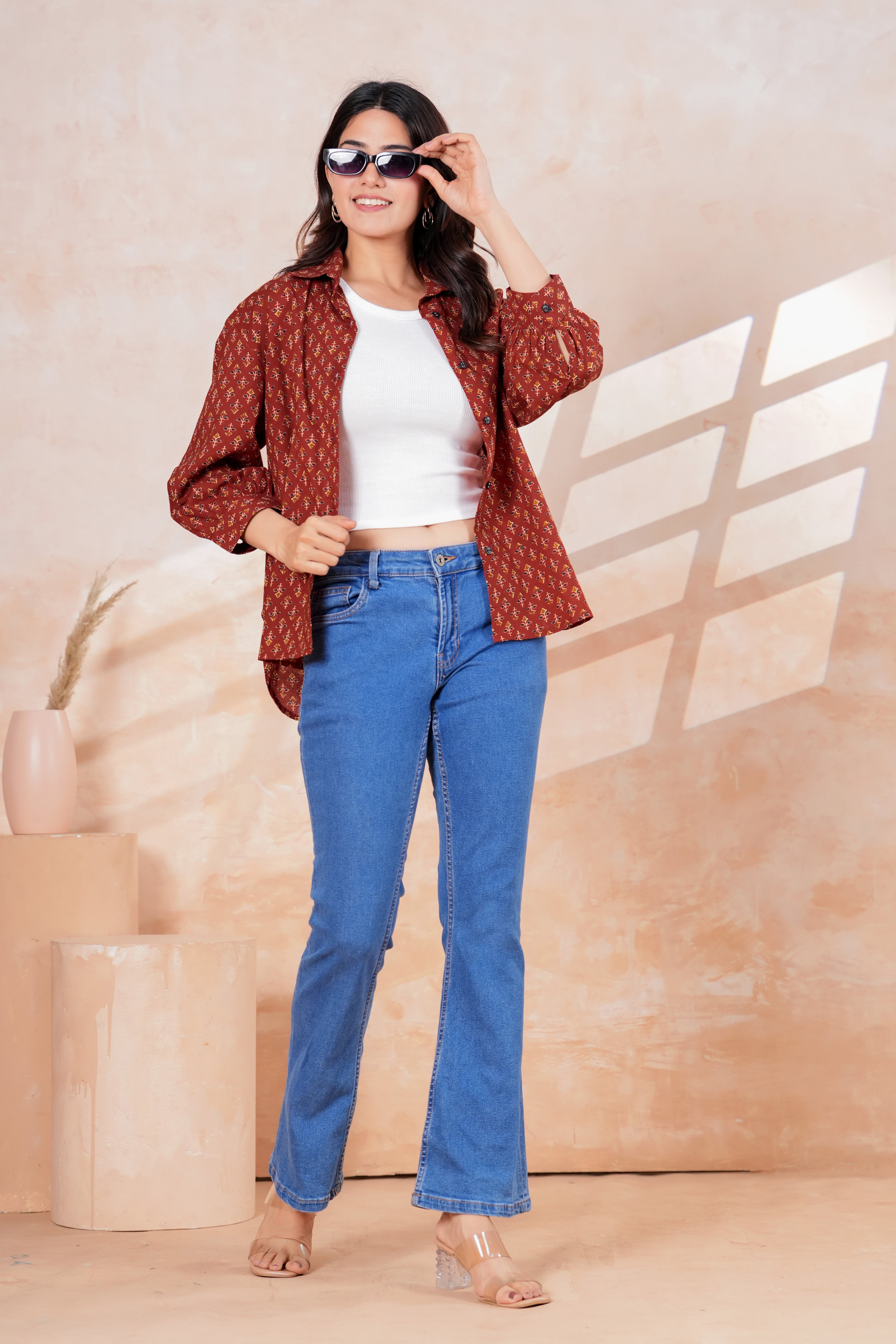 Maroon Printed Cotton Casual Shirt | Full Sleeve Collared Button-Down Top