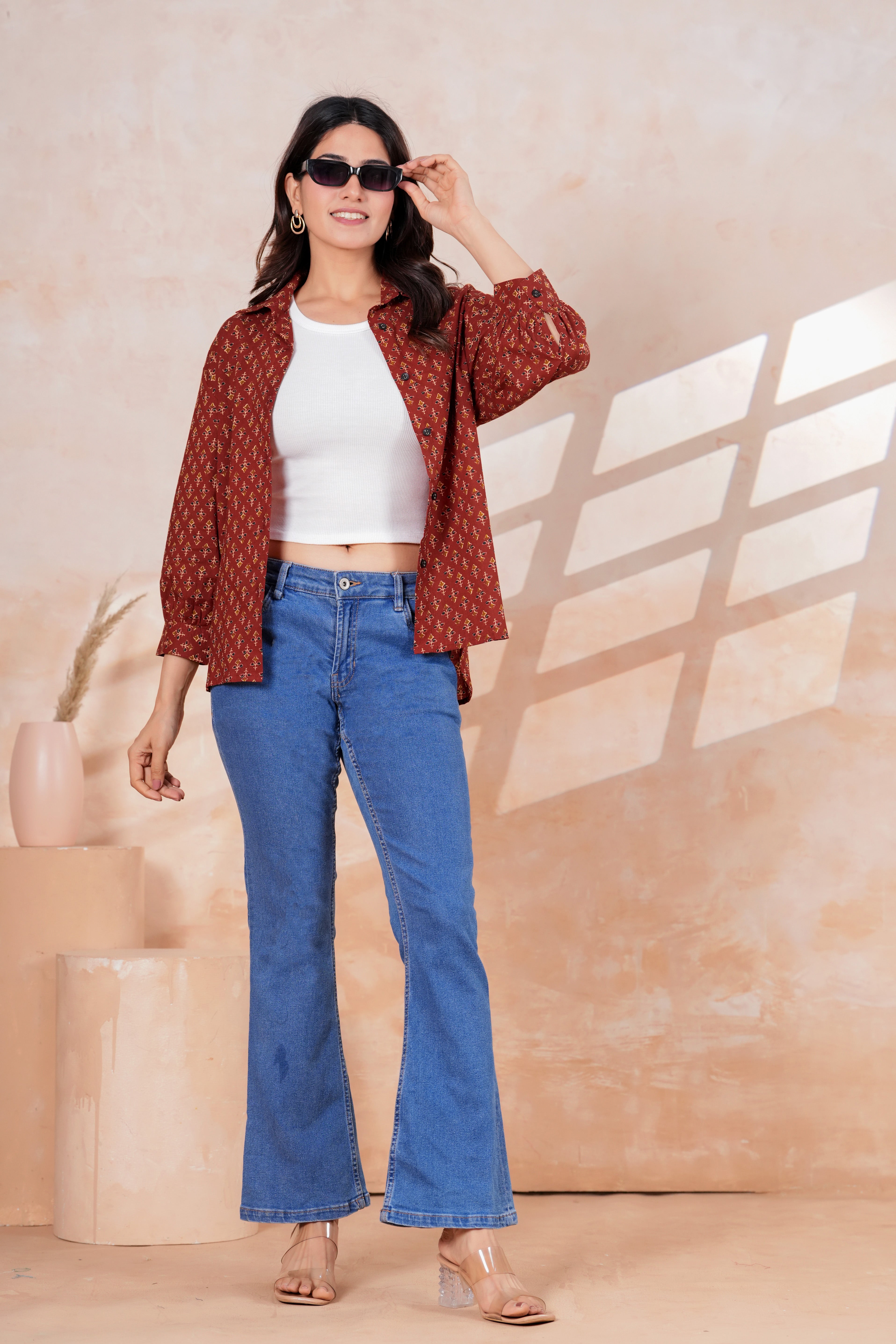 Maroon Printed Cotton Casual Shirt | Full Sleeve Collared Button-Down Top