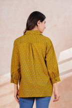 Mustard Yellow Printed Cotton Blend Casual Shirt