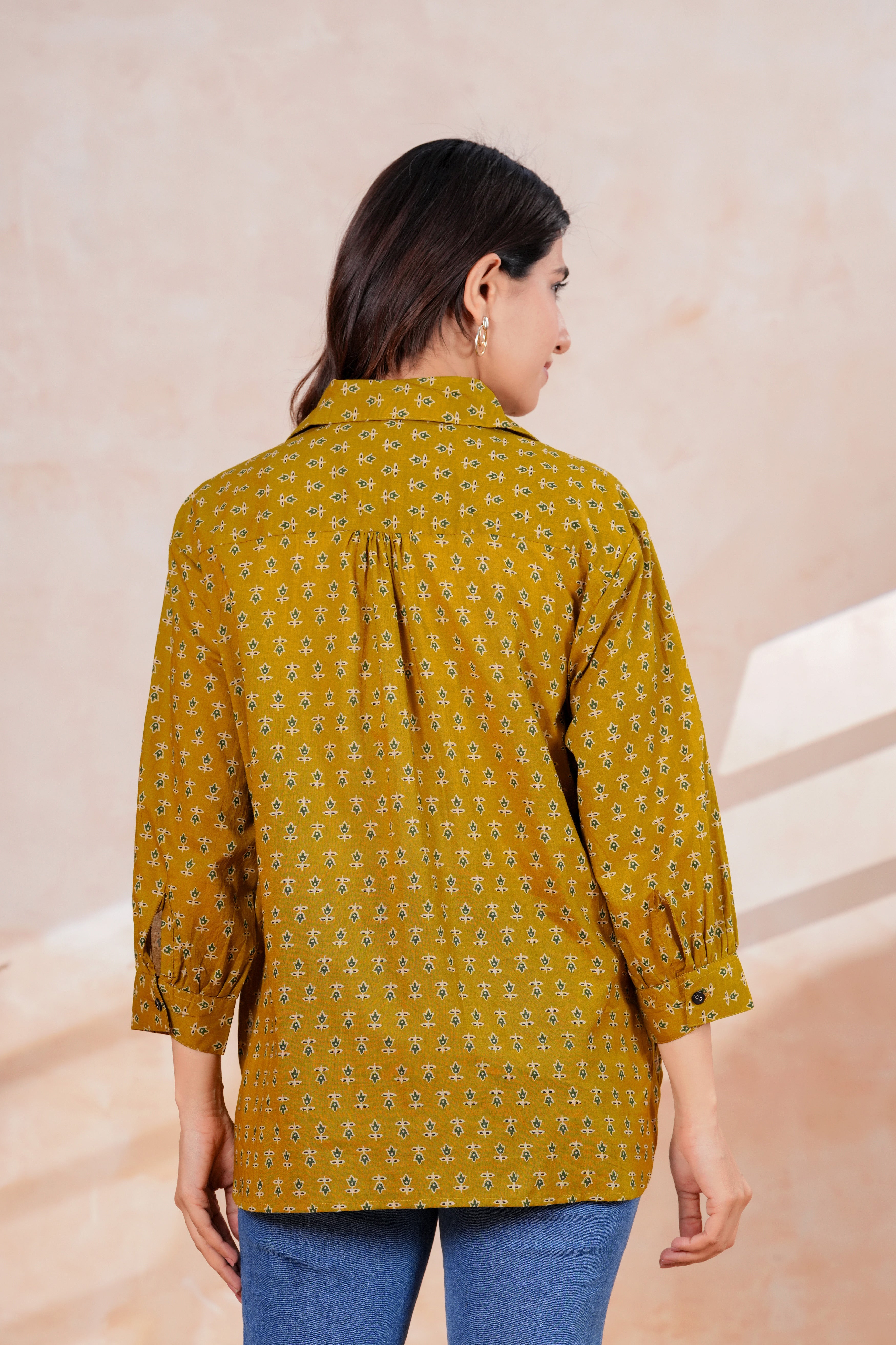 Mustard Yellow Printed Cotton Blend Casual Shirt