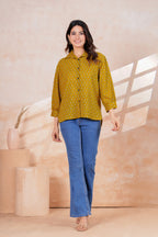 Mustard Yellow Printed Cotton Blend Casual Shirt