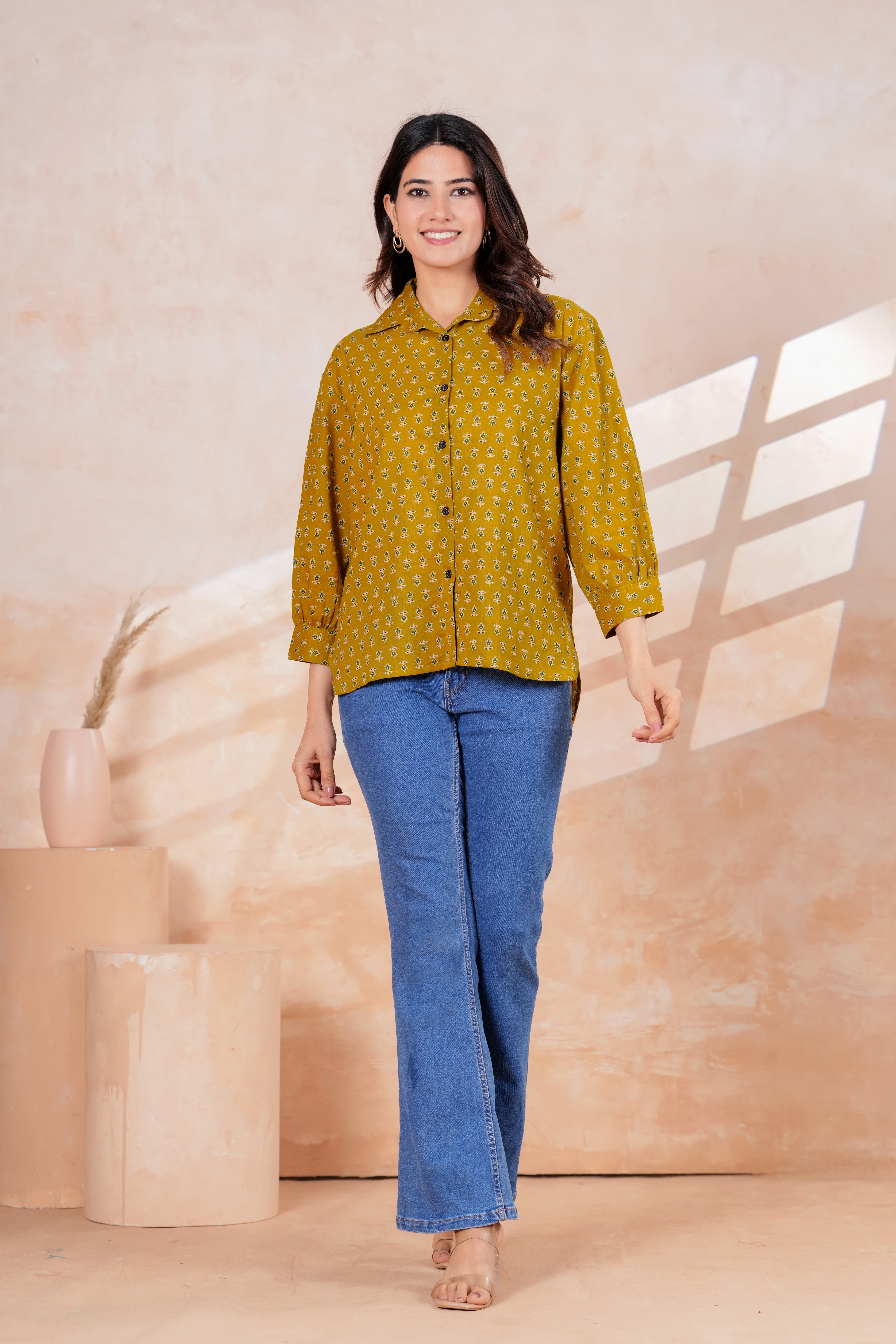 Mustard Yellow Printed Cotton Blend Casual Shirt