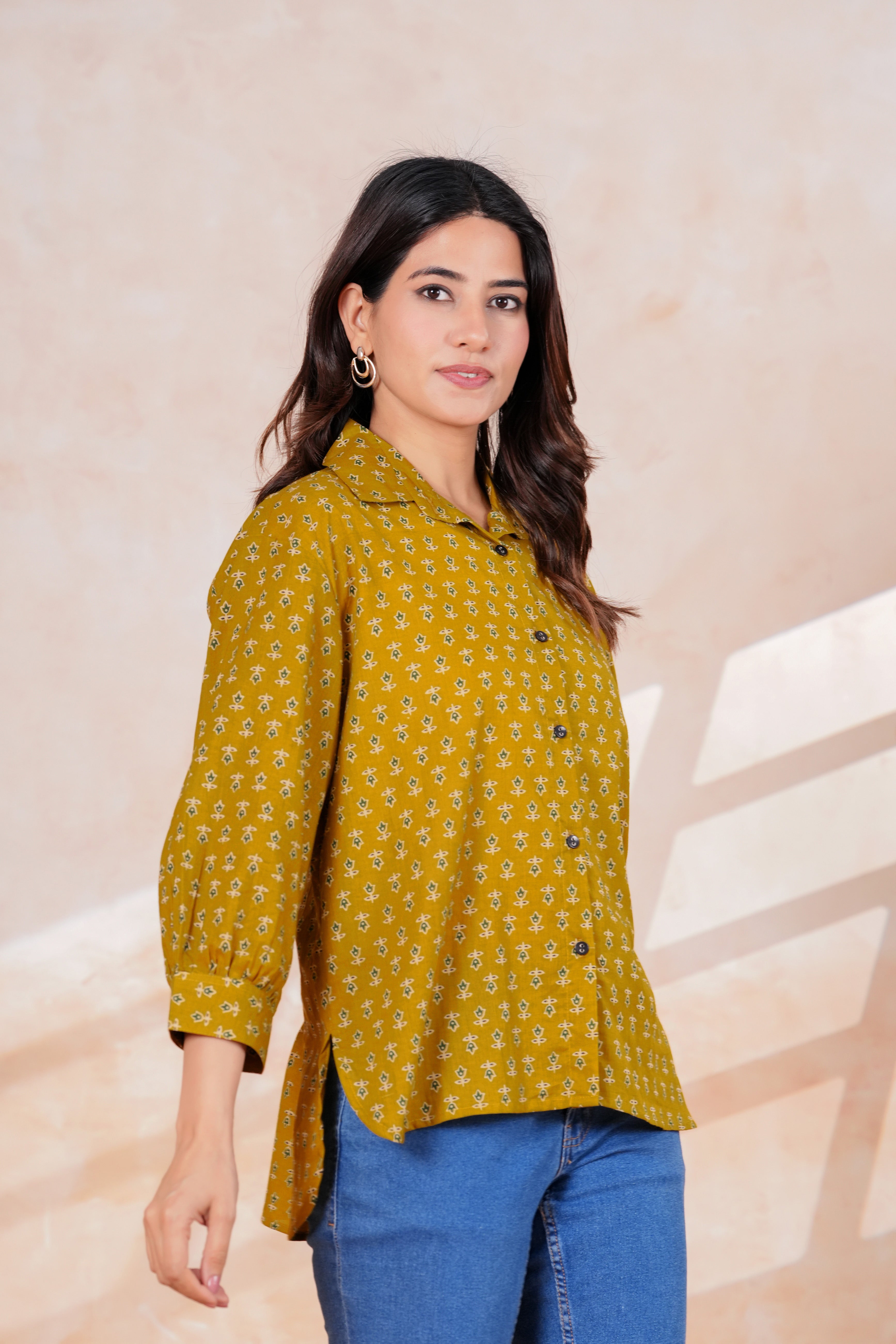 Mustard Yellow Printed Cotton Blend Casual Shirt
