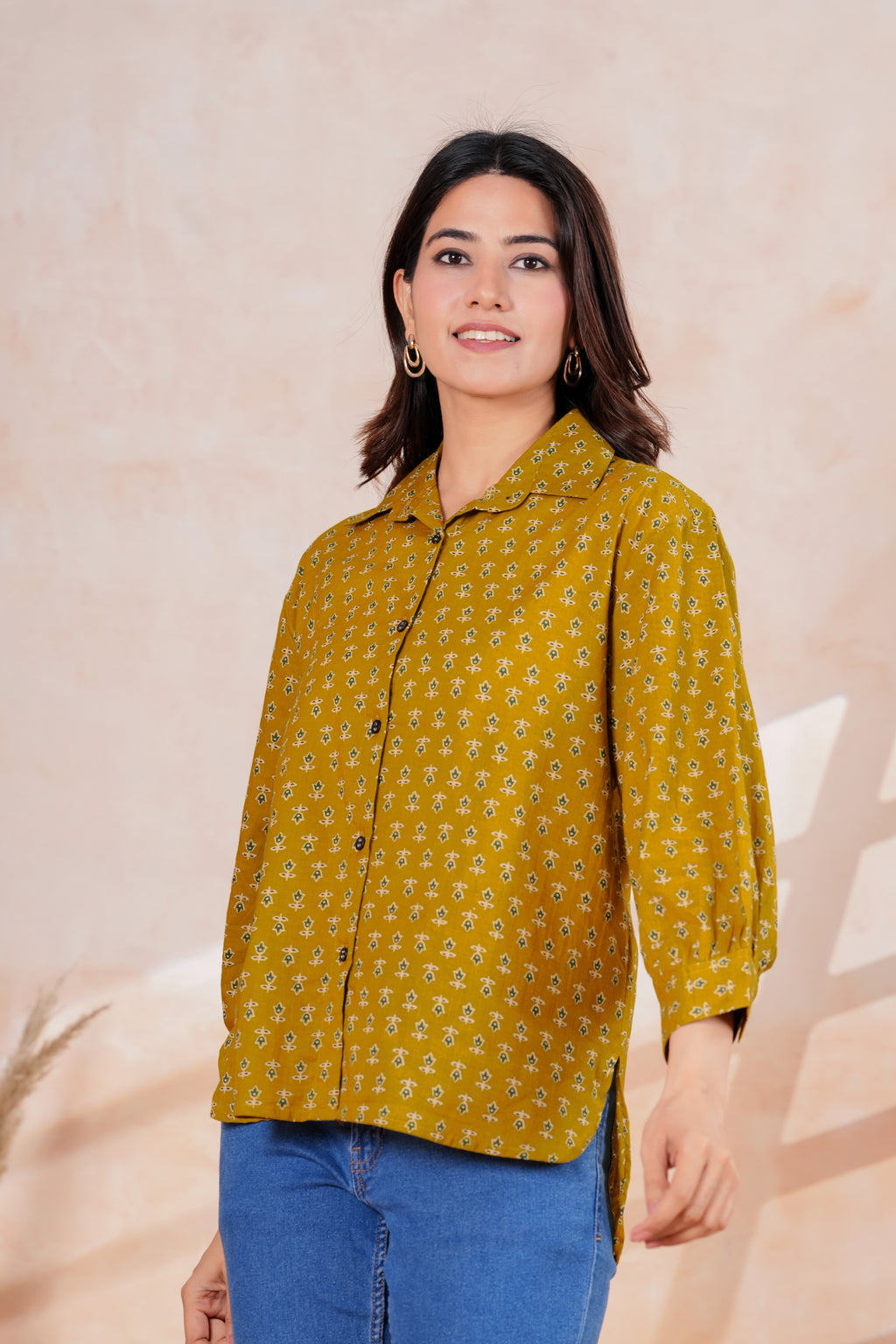 Mustard Yellow Printed Cotton Blend Casual Shirt