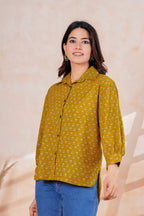 Mustard Yellow Printed Cotton Blend Casual Shirt