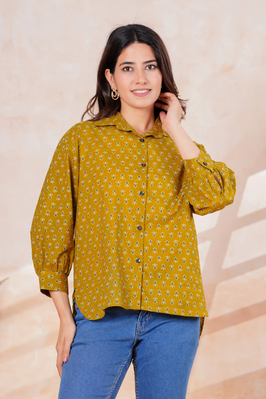 Mustard Yellow Printed Cotton Blend Casual Shirt