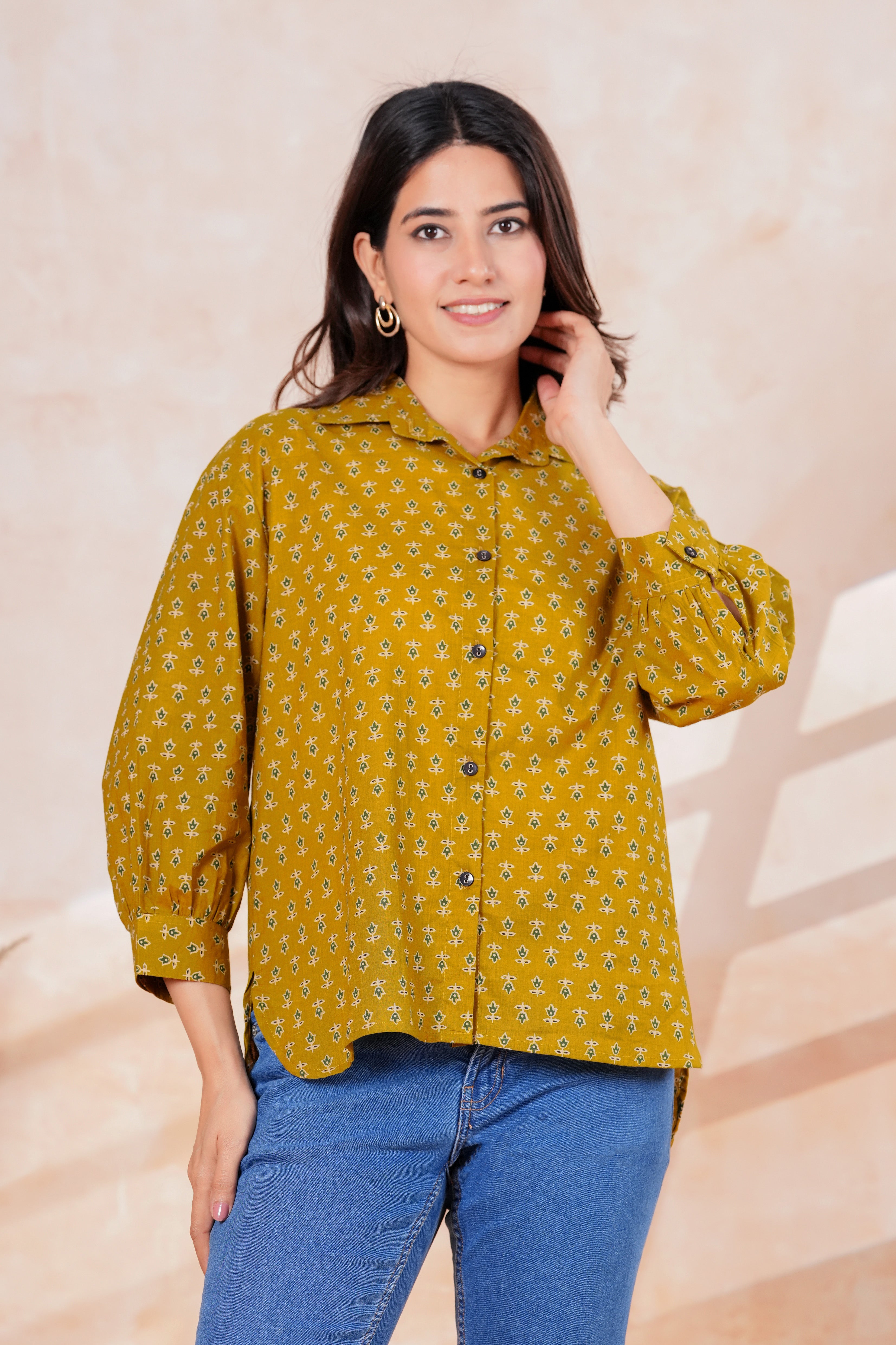 Mustard Yellow Printed Cotton Blend Casual Shirt
